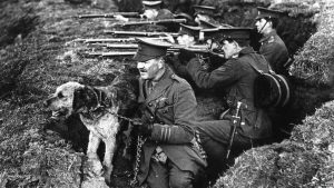 Dogs in Trenches and Ratter Dogs. Captain with dog in trenches 1914