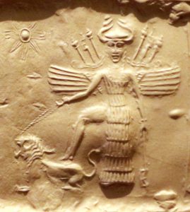 Innana (Ishtar) and one of her seven dogs - source wikipedia