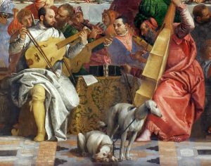 dog man art history, The Wedding Feast at Cana. Veronese in white, holding the viola and the two central dogs.