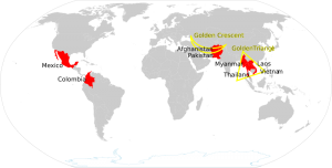 World Map Opium Heroin. Golden Triangle. Golden Crescent. Source Wikipedia