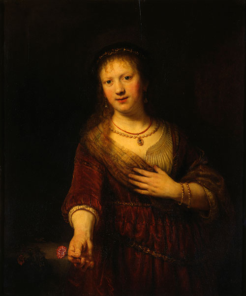 Masterful use of gamboge in art: Rembrandt's portrait of his beloved wife Saskia van Uylenburgh as Goddess Flora, 1634