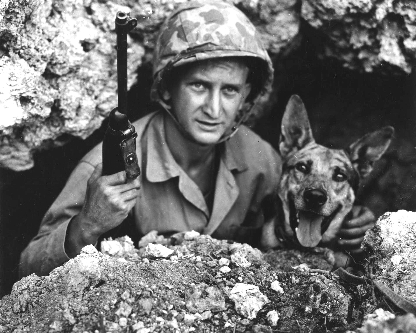 US Marine Private John Drugan and his war dog, Okinawa, Japan, May 1945 ww2dbase