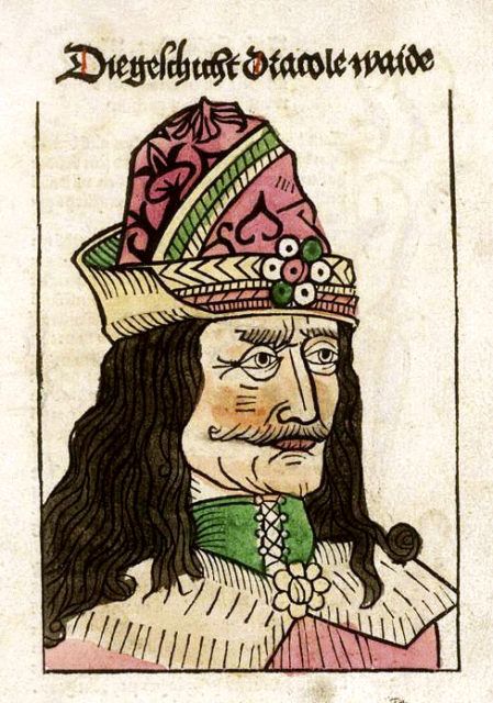 woodcut of Vlad the Impaler on the title page of a German pamphlet  published in Nuremberg in 1488 - wikimedia