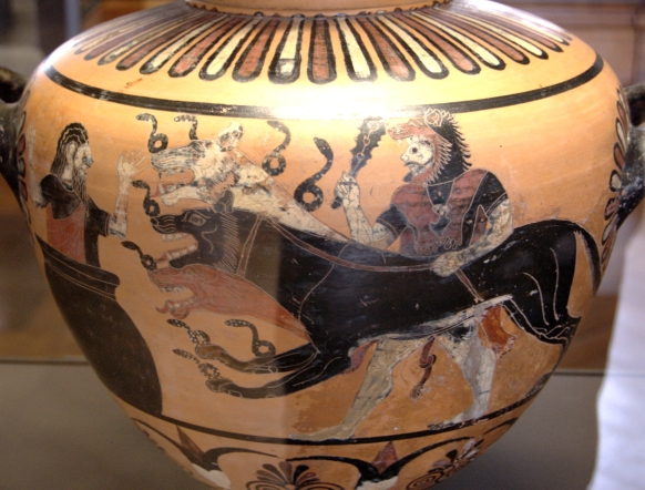 Cerberus, the three-headed hound of Hades on a 500 BC Greek pot