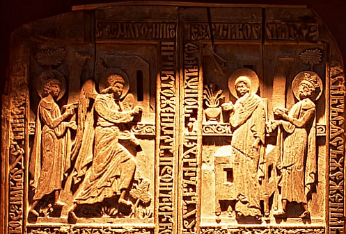 the Wooden Doors of a Medieval Chapel, Snagov Monastery. top panel - Feast of the Annunciation, Bunavestire.