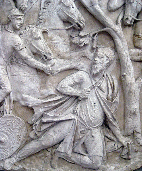 Decebal takes his life under an oak tree, wood symbology in Romanian culture. Trajan Column Rome