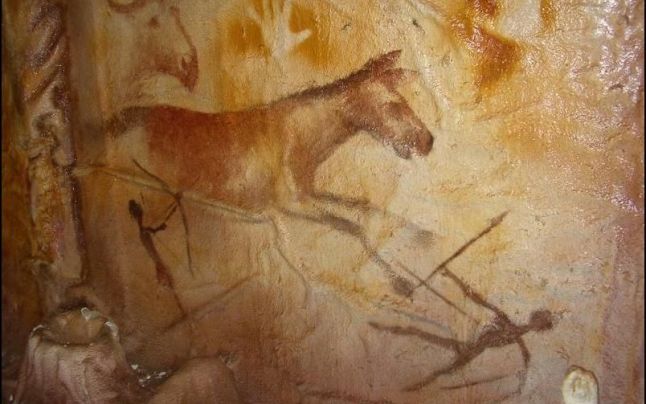 Behind the Cave Art of Transylvania. Paleolithic horse, hand, warrior, weapon painting in a cave at Cuciulat, Transylvania