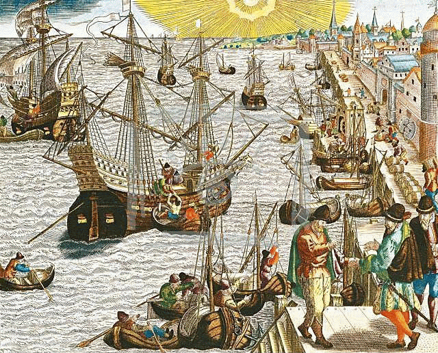 Table Mountain Cape Sea Route, Departure of fleet from Lisbon harbor by Theodor de Bry, 1592