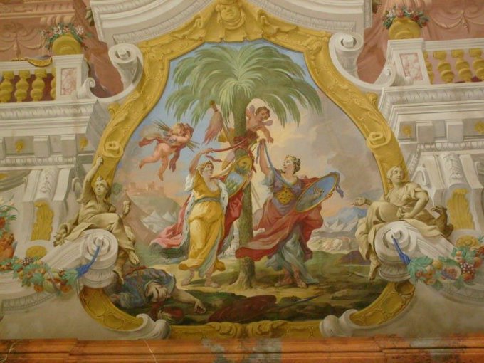 Karlowitz Treaty signedon 26 January 1699 ends Ottoman control in Central Europe.
Principality of #Transylvania goes under rule of Austria. 
Allegory showing Transylvania's (left) #CoatOfArms rarely evoked in art 
