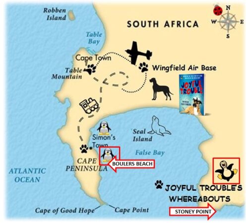 Map - Joyful Trouble whereabouts and two mainland sites for penguins sighting in the Western Cape