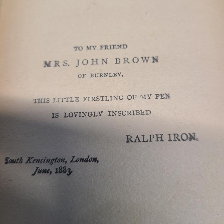 Courtesy Author Peter Wright, a typed dedication on "Story of an African Farm" by Olive Schreiner, 1883 edition