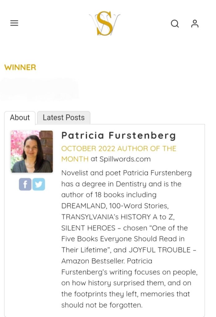 Winner Author of the Year, Spillwords Press Awards Patricia Furstenberg 