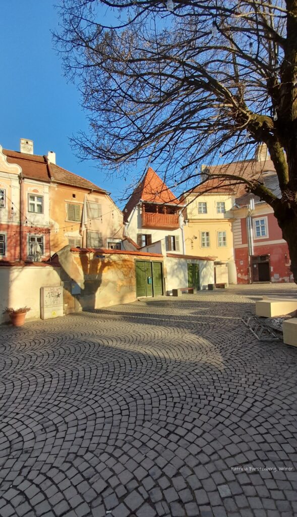 Sibiu Huet Square paved with stone, where  first buildings, 14 century houses