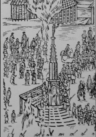 Witch-hunting Sibiu, burning of the witches by Roland's statue (now removed), Big Square