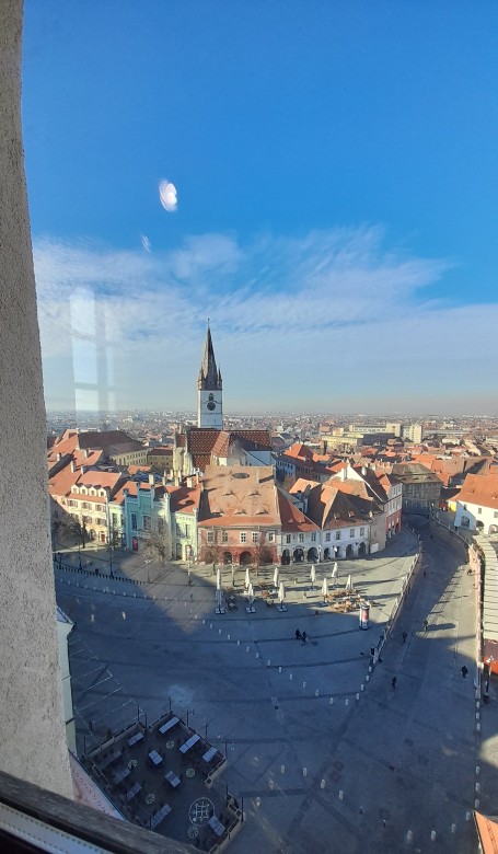 view of Evangelical Church Huet Square Small Square Bridge Lies from Council Tower Sibiu