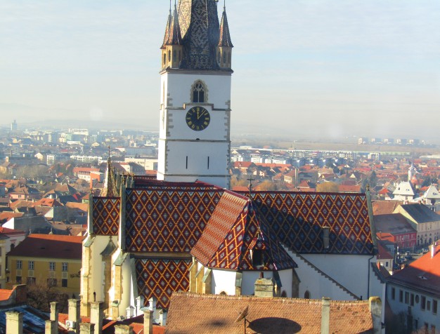 The tower of Evangelical Church Sibiu as seen from the Council Tower