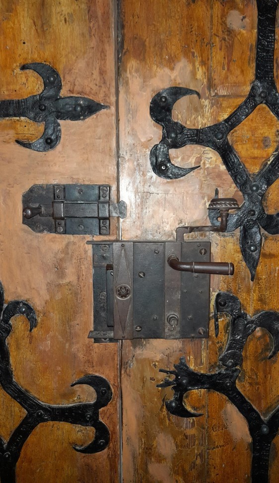 Evanghelical Church Sibiu N Portal door, inside, wood wrought iron detail lock