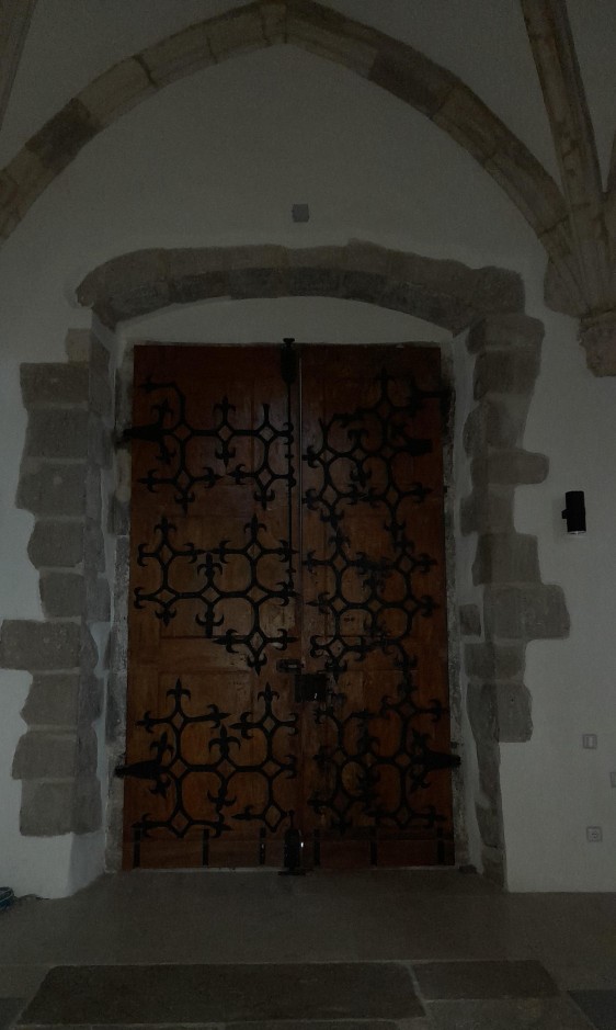 Evanghelical Church Sibiu N Portal door, inside, wood wrought iron