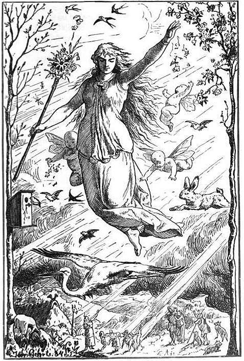 Ostara_by_Johannes_Gehrts goddess of fertility whose animal symbol was a bunny. Public domain