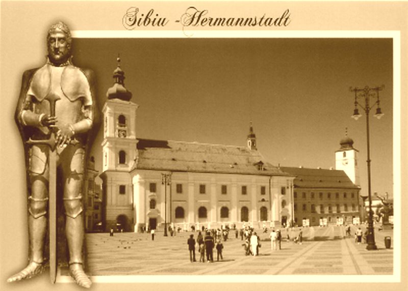 An old postcard depicting the Big Square, Sibiu, and the statue of Saxon settler Hermann who, legend says, gave Sibiu its medieval name, Hermannstadt
