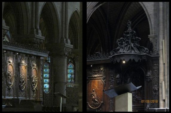 Notre Dame Cathedral interior detail, stone column and wooden panel depicting the life of Jesus