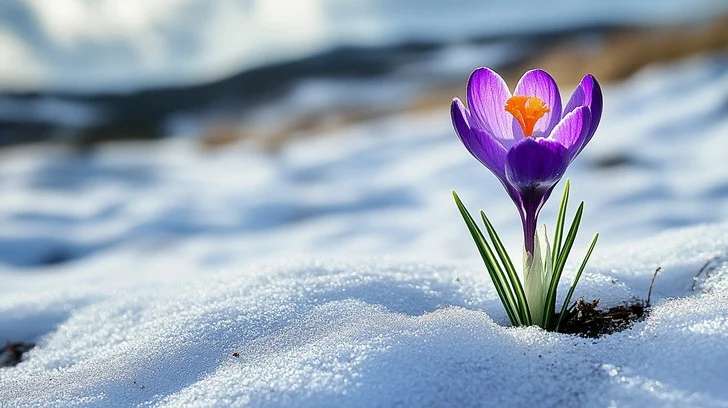 one crocus blooms in snow