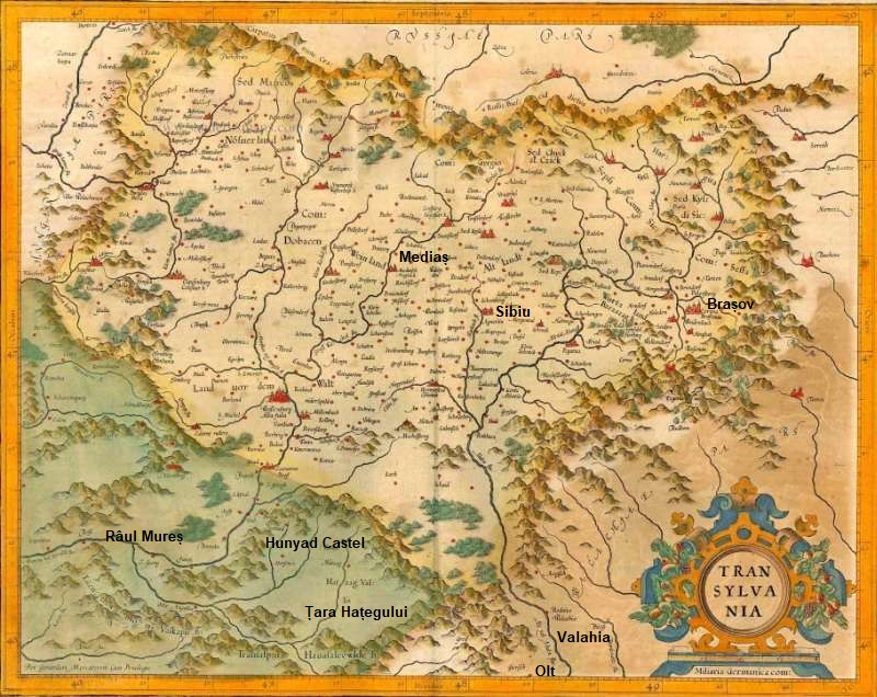 map Transylvania from 1623 created by Gerard Mercator with modern locations included. Țara Hațegului is in the south