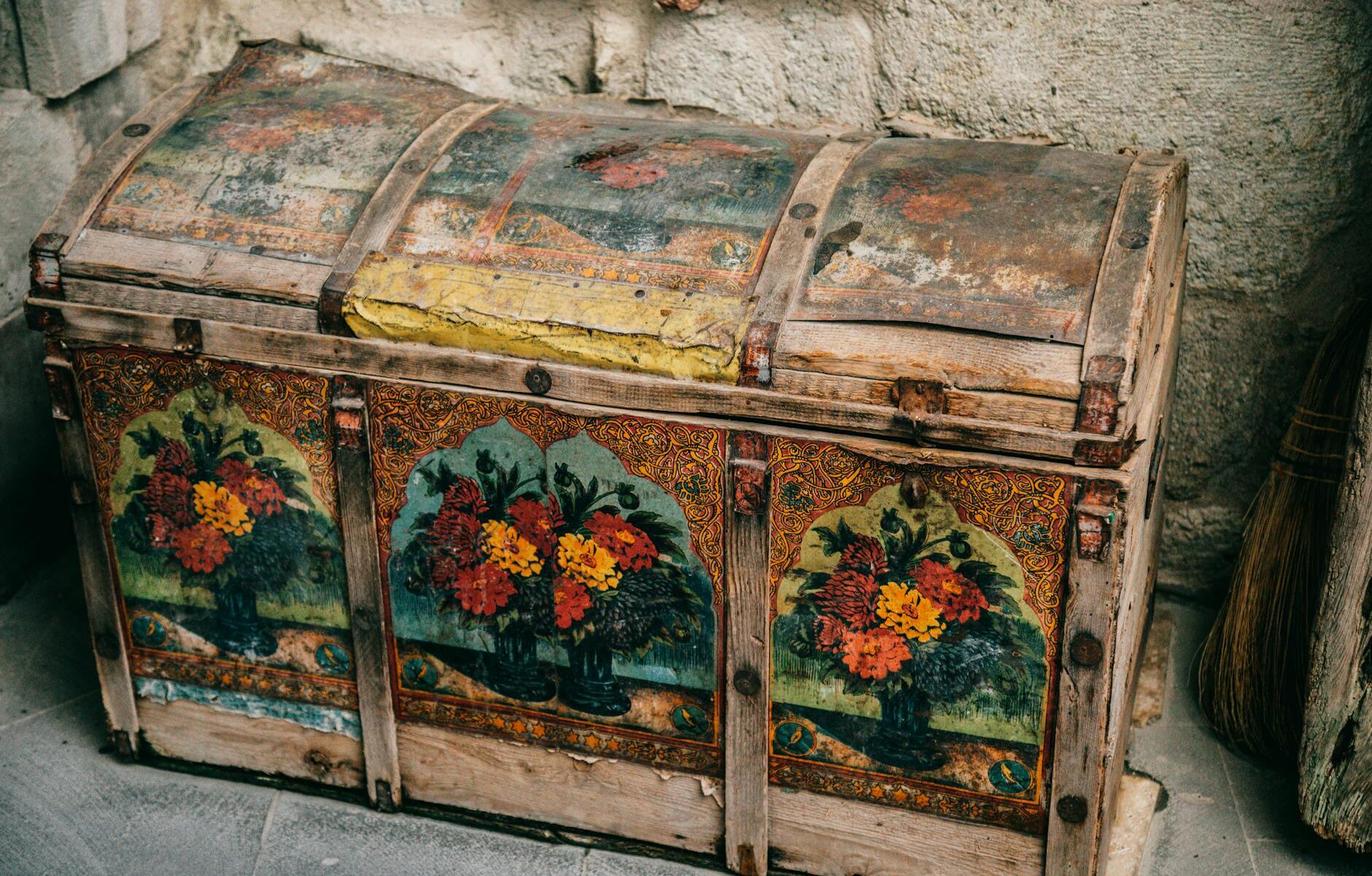 ornamental old chest on ground