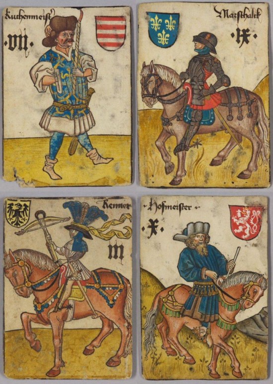 4 woodcut playing cards from famous Hofämterspiel, Courtly Household Cards, a 15th cent. deck created around 1455, commissioned by Ladislaus the Posthumous, King of Hungary and Bohemia