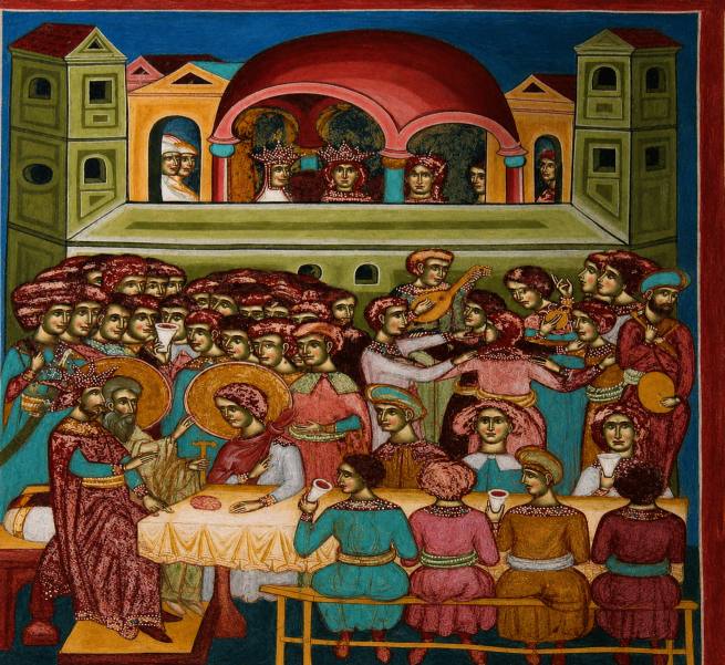 an everyday court scene from Arbore Church, Suceava, of Herod's Banquet, 16th cent. Byzantine-style fresco