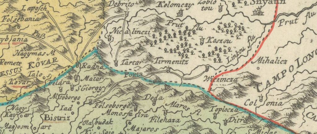 Map by JP Homann 1720 by a work of JC Muller, Tihuta Pass  Borgo Pass marked as Porta