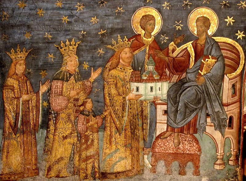 Mural painting in the church of Voronet Monastery depicting Stephen the Great,Lady Voichita children Maria, Bogdan III. It depicts the builder of this church, Stephen, offering it to Jesus through Saint George, the church's spiritual patron