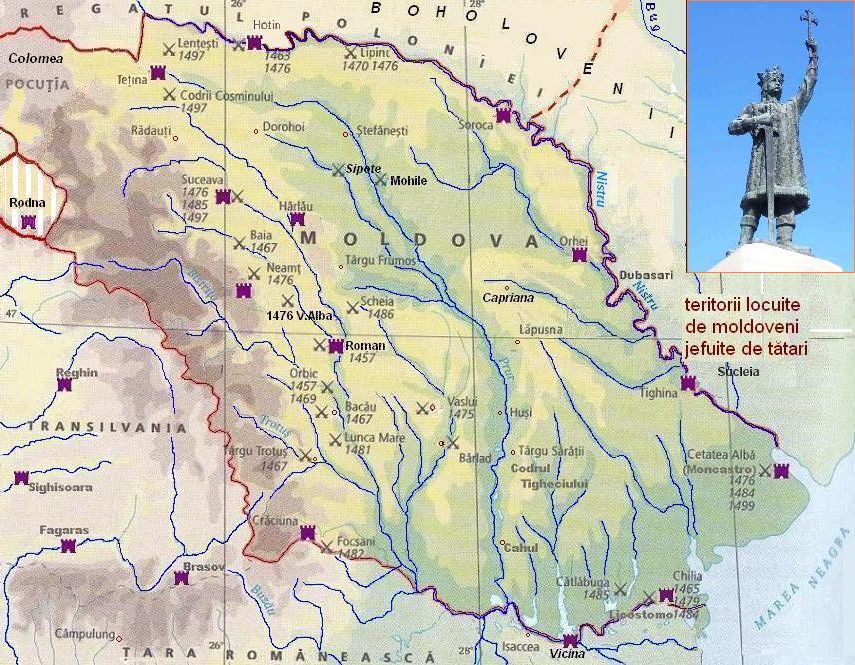 Vlad III in Moldavia: probably entering between Focsani and Craciuna, heading for Old Roman Fortress - map of 15 vent. Moldavia