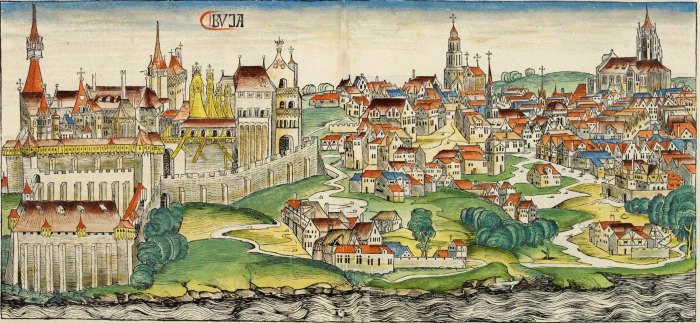 Buda in the Middle Ages (woodcut from Nuremberg Chronicle, 1493), public domain - Where Vlad Dracula Lived During His Last Years, 1462-1476