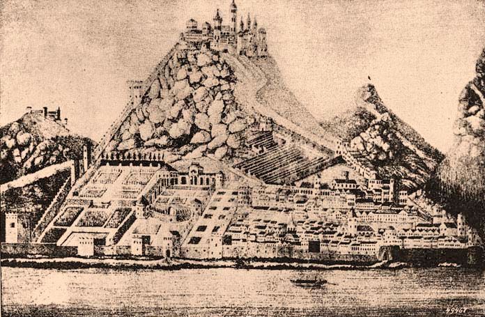 Visegrad 1480 woodcut, the castle at the time of King Matthias reign, Where Vlad Dracula Lived During His Last Years, 1462-1476