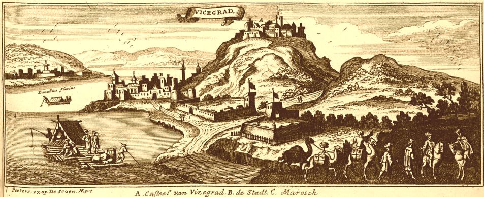 Visegrád in 1686 by Gaspar Bouttats, fortress on a hill overlooing Danube River where Vlad the Impaler was kept prisoner
