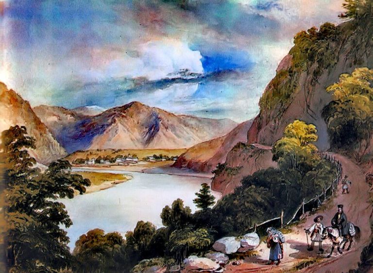 Turnu Rosu Pass painting by Vöröstorony Barabás, 1831. Olt River also