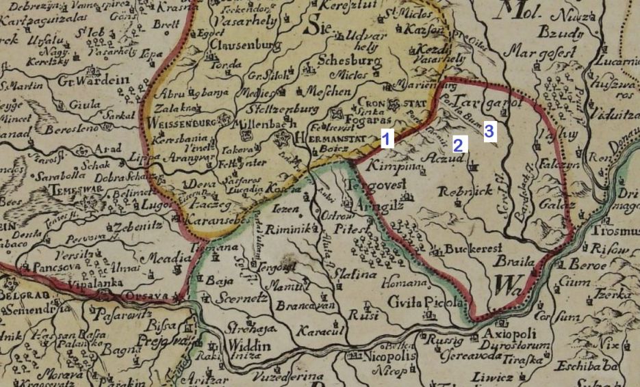 18th cent. map of Transylvania Wallachia Danube, part of 1749 Schreibern – Das Königreich Ungarn - showing 3 medieval mountain passes between Transylvania and Wallachia